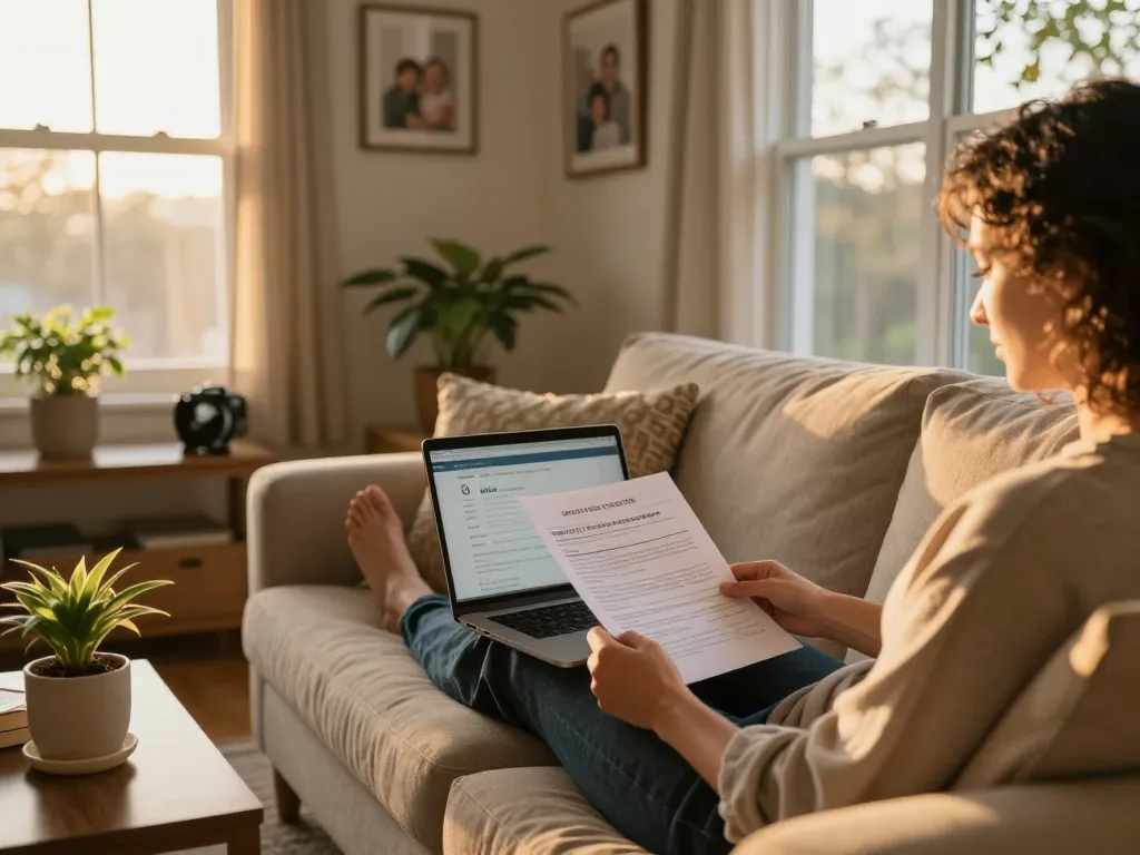 Homeowner enjoying fast cash for homes offer paperwork in cozy living room.