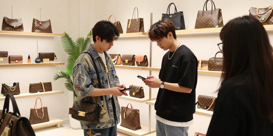 Trendy urban scene with luxury 명품 레플리카 fashion items displayed in a boutique, capturing vibrant atmosphere and stylish shoppers.