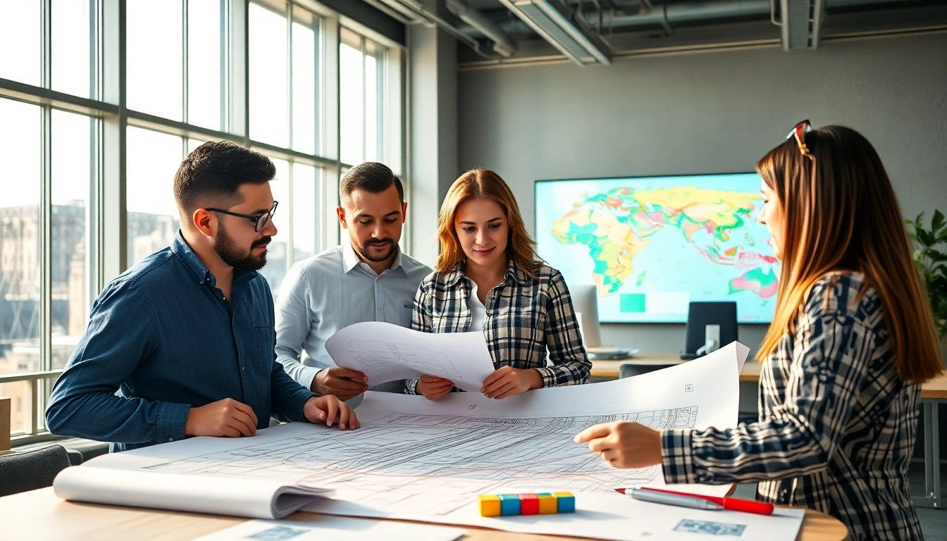 Railroad Design Consultants collaborating on blueprints in an engaging office setting.