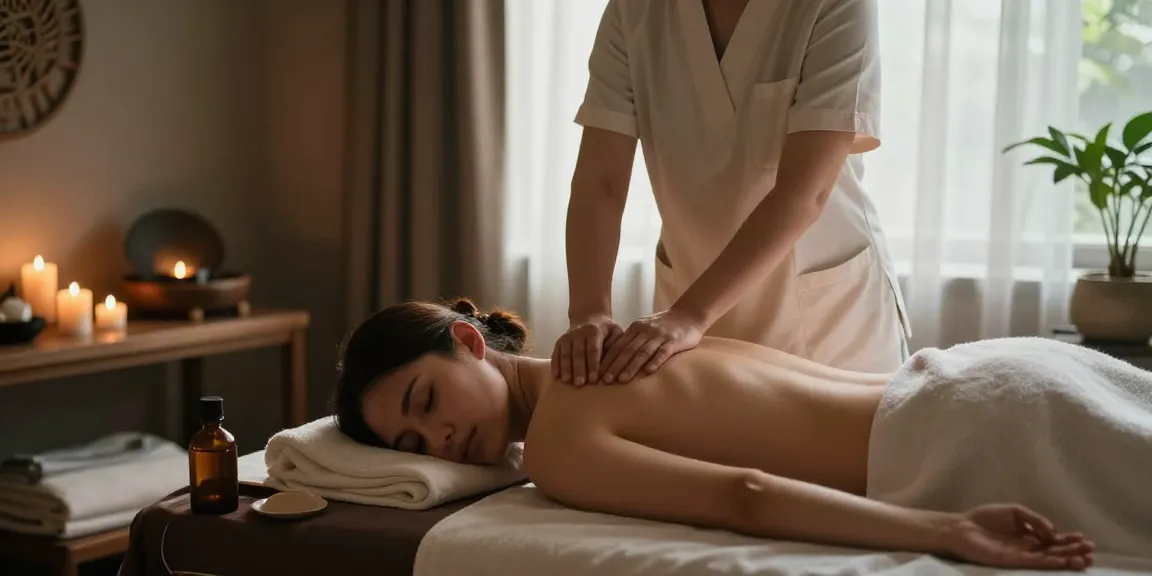 스웨디시 마사지를 받는 고객과 함께 아로마 테라피 환경을 갖춘 마사지 스파