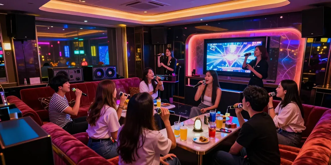 강남 가라오케에서 친구들과 즐기는 화려한 밤의 분위기