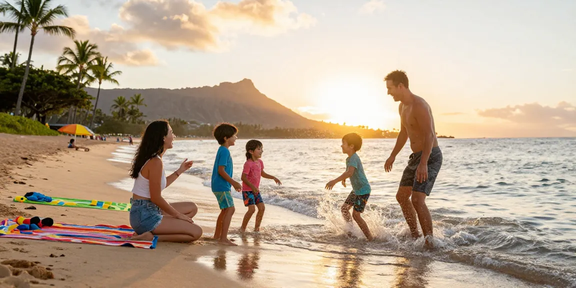 Oahu family photographer captures joyful beach moments with a family at sunset.