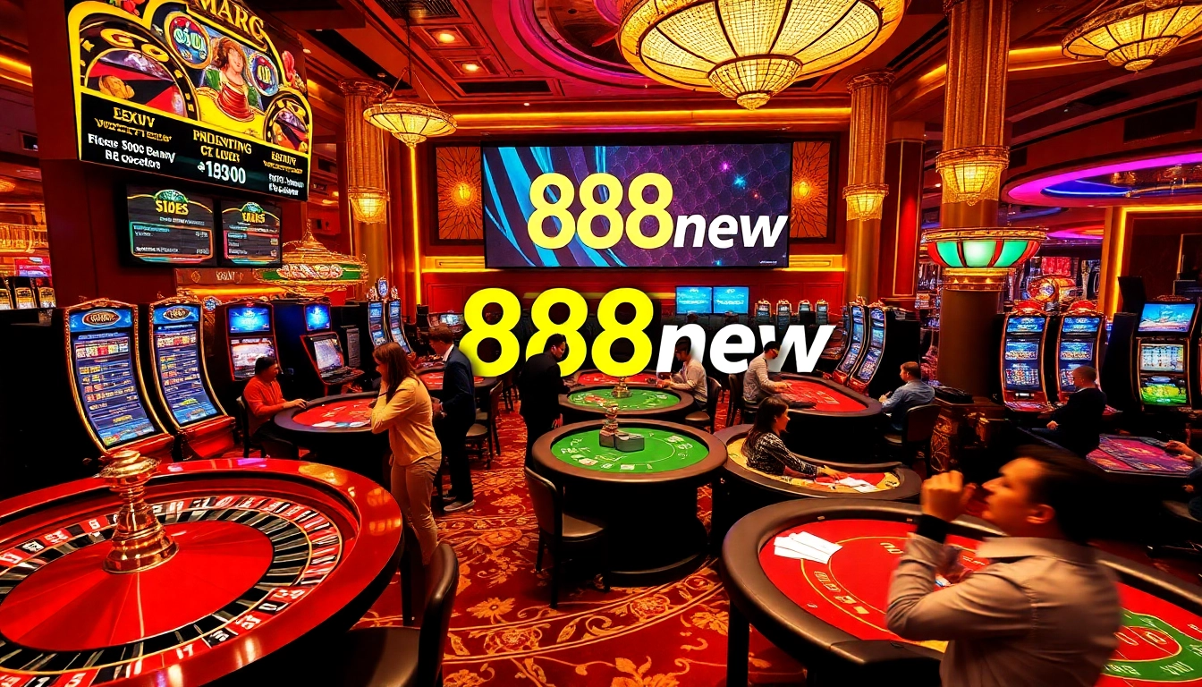 Players enjoy games at a luxurious casino, featuring 888new-themed chips and slot machines.
