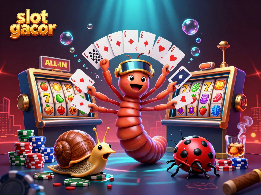 Memutar slot gacor dengan dealer milipede 3D dan pemain bergaya, suasana kasino yang meriah.