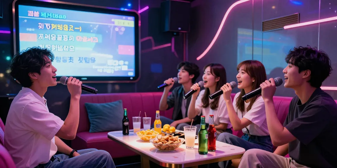 강남 가라오케에서 친구들이 노래 부르며 즐거운 시간을 보내는 장면, 화려한 조명과 음료가 특징입니다.