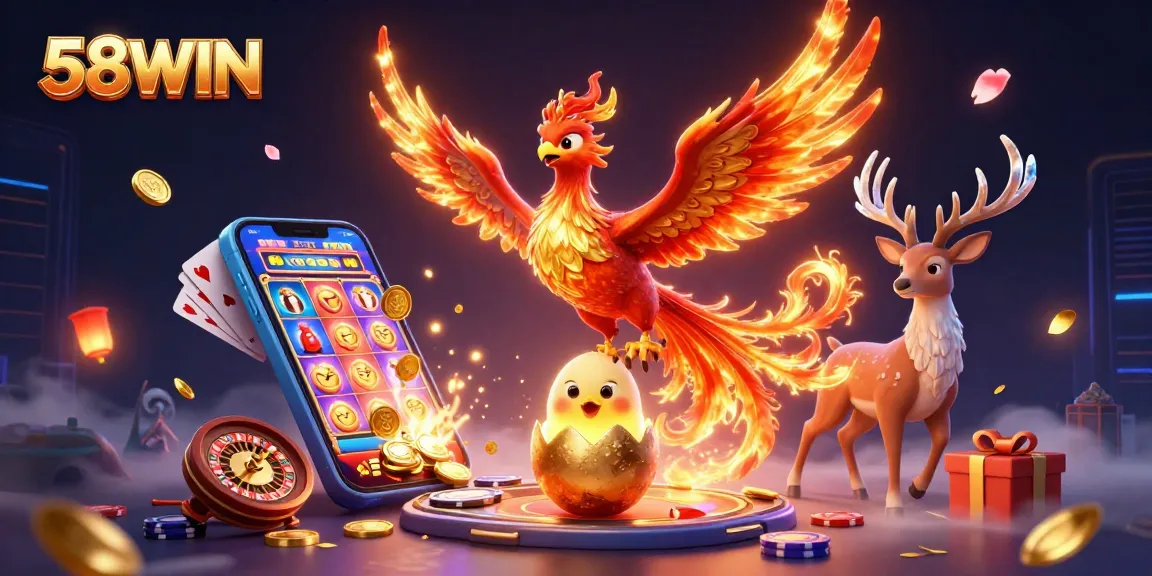 Engage with vibrant 58WIN gaming adventure featuring a phoenix and slot games animatedly displayed.