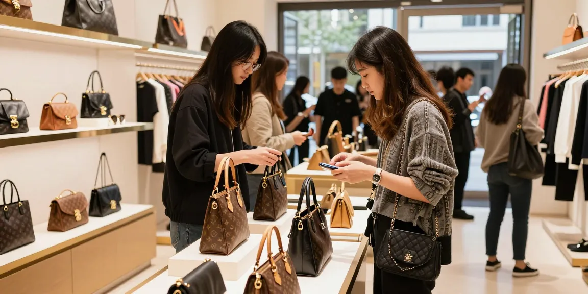 Shopper exploring high-quality 레플리카 handbags in a modern boutique.