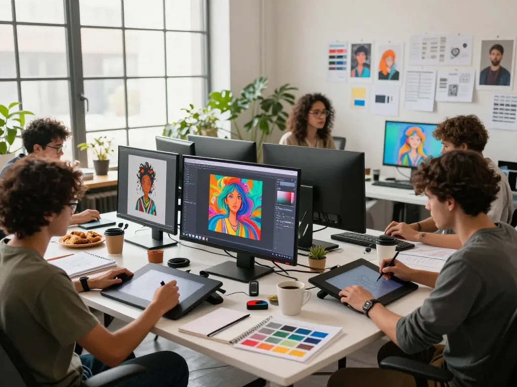 Collaborative artists in a creative studio generating AI-Generated Images, showcasing vibrant digital art on screens.