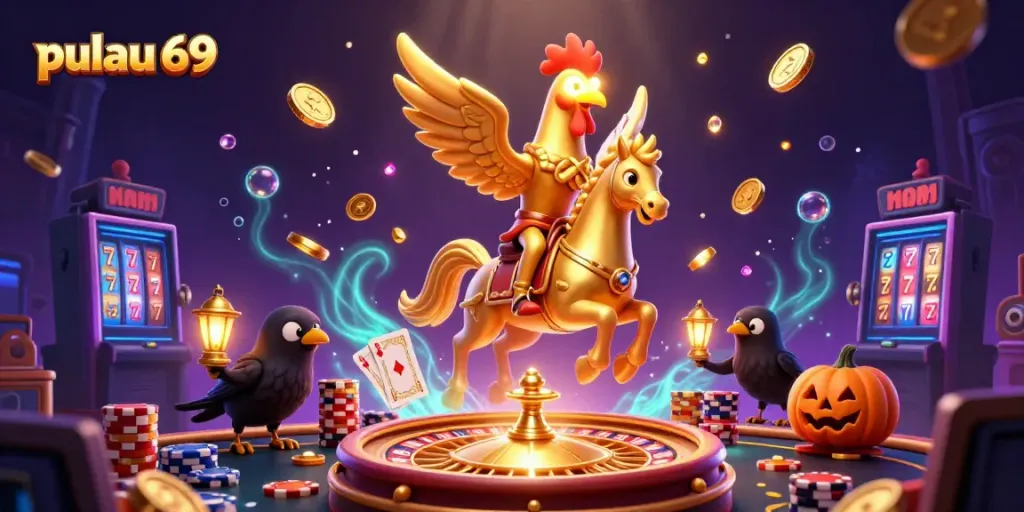 Experience the thrill of pulau 69 with golden rooster riding through a vibrant casino adventure.