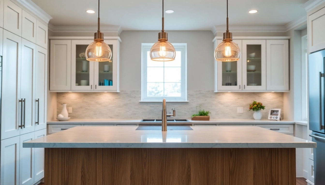 Illuminated island lighting enhances a modern kitchen's ambiance with elegance and warmth.
