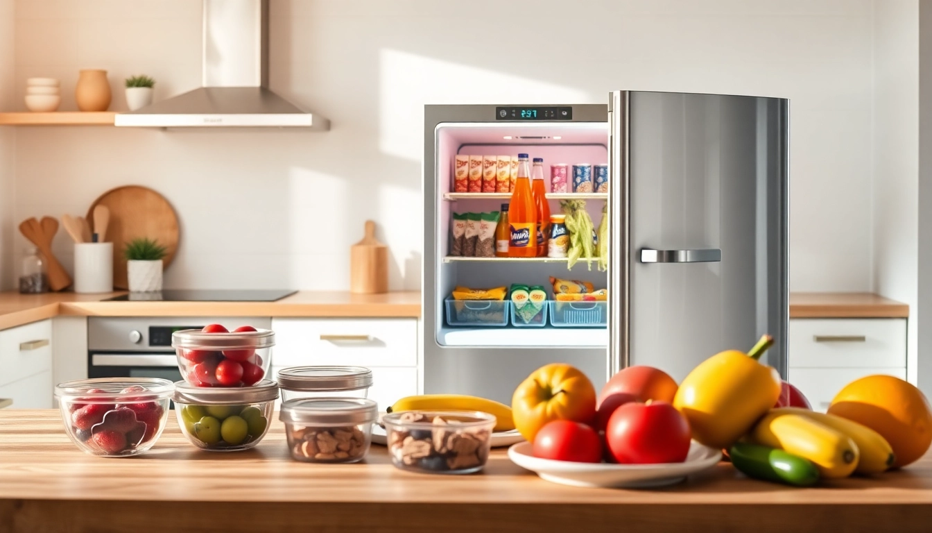 Effortlessly stylish affordable mini fridge and freezer in a modern kitchen setting with fresh snacks visible.