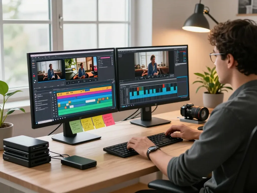 Video to prompt generator in an editing workspace, showcasing creative tools and vibrant timelines.
