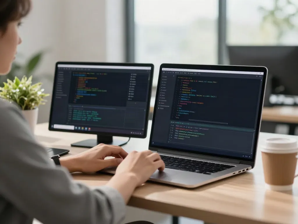 Developer using brave浏览器 on dual monitors in a bright modern office setup.