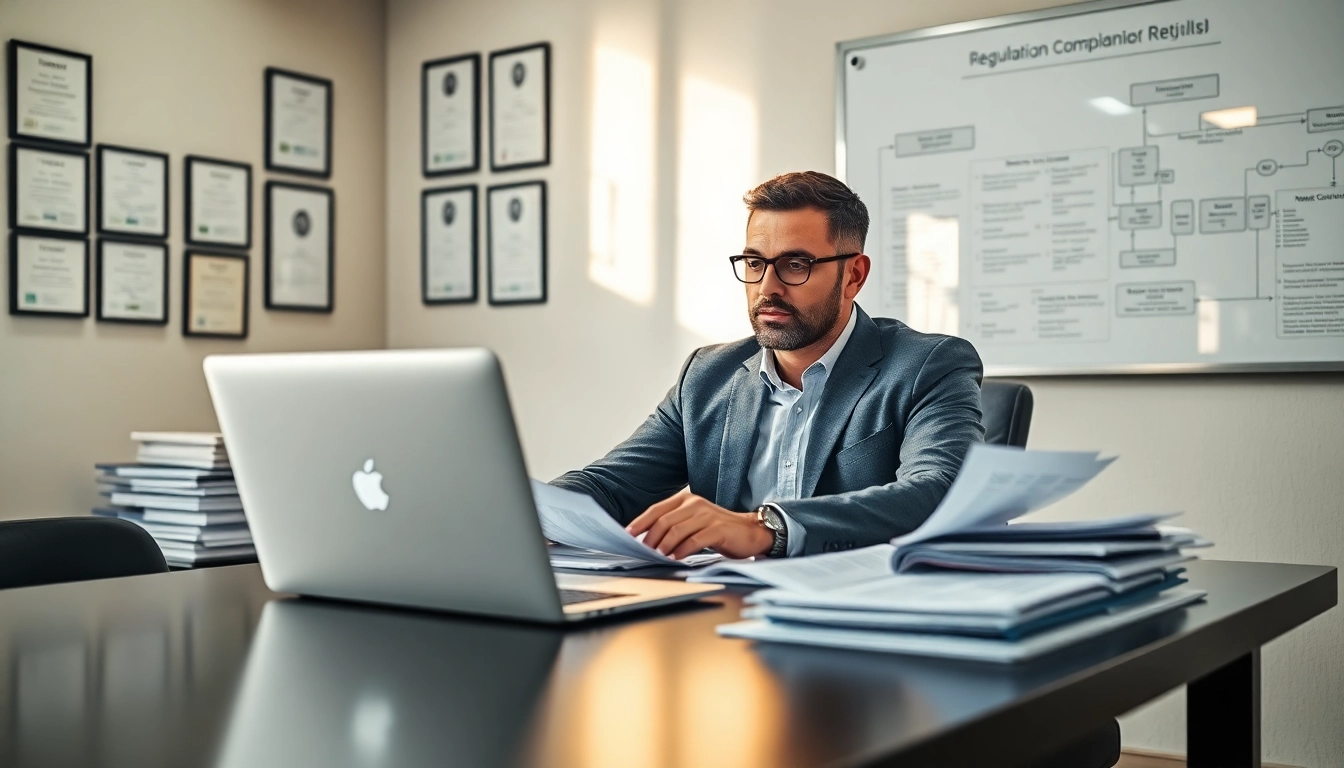 Consultant examining FCPA/DCAA/Flowdown/ITAR/EAR compliance documents in a professional setting.