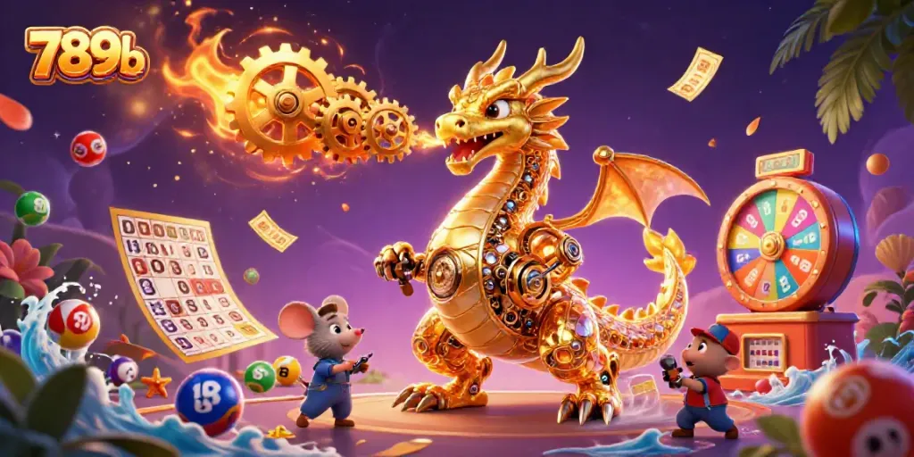 Engage with 789b's vibrant gaming experience featuring a dragon, casino elements, and festive atmosphere.