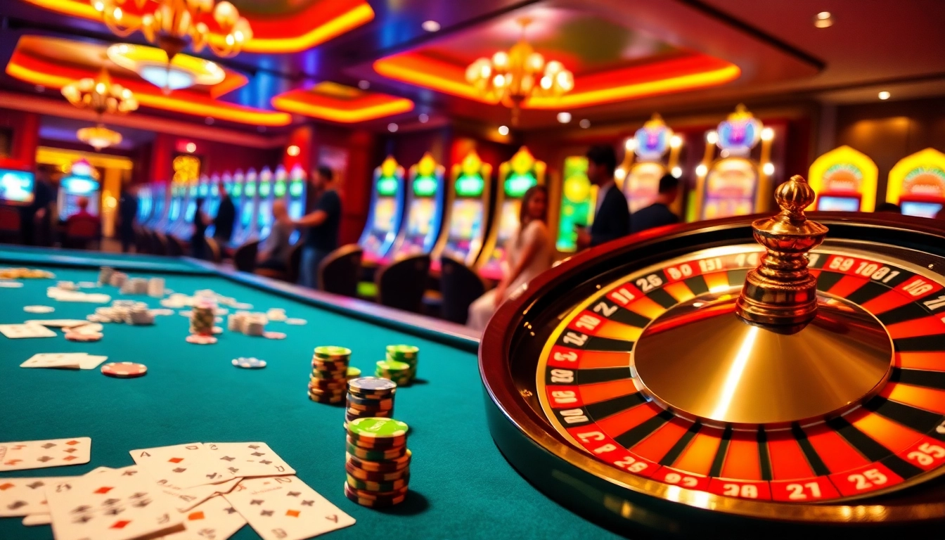 Atmosphère de casino en ligne avec des tables vibrantes, des machines à sous et des joueurs engagés.