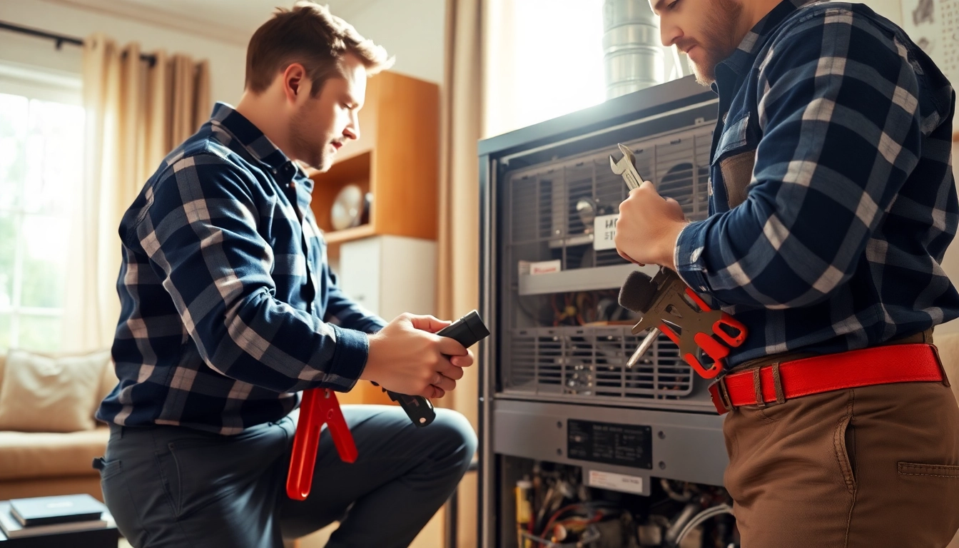 Technician performing furnace repair near me in a well-lit home environment.