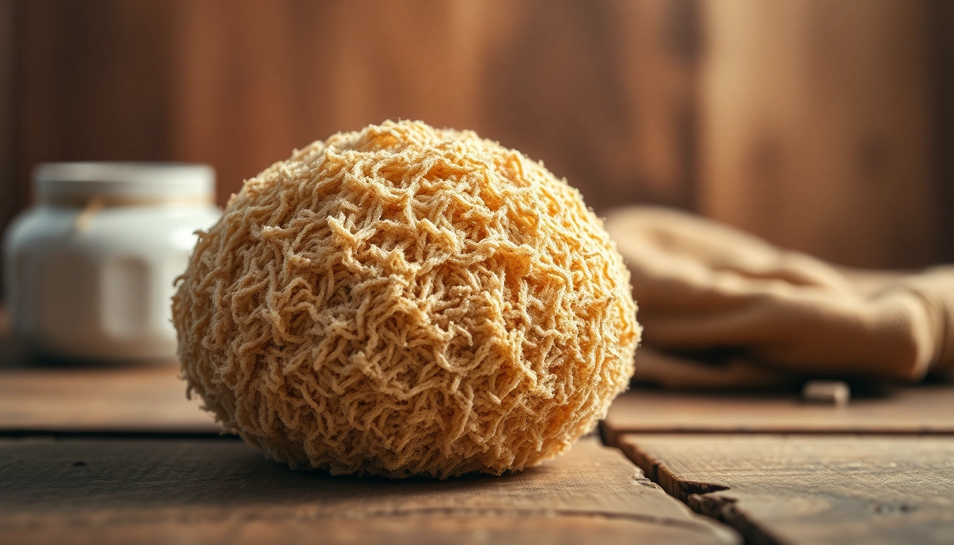 Clean and textured raw loofah sponge displayed on a wooden surface for skincare enthusiasts.