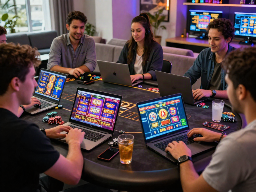 Players enjoying bandar casino online in a lively virtual setting with colorful games and drinks