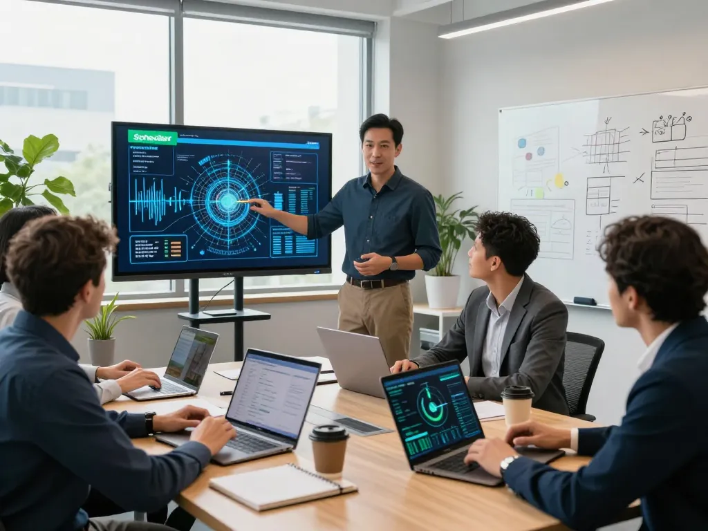 Collaborative team discussing Schneider Electric energy solutions in a modern office setting.