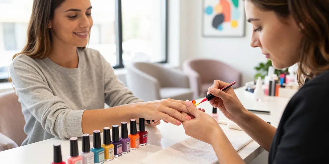 Aplicând oja semipermanenta vibrantă într-un salon de unghii stylish.