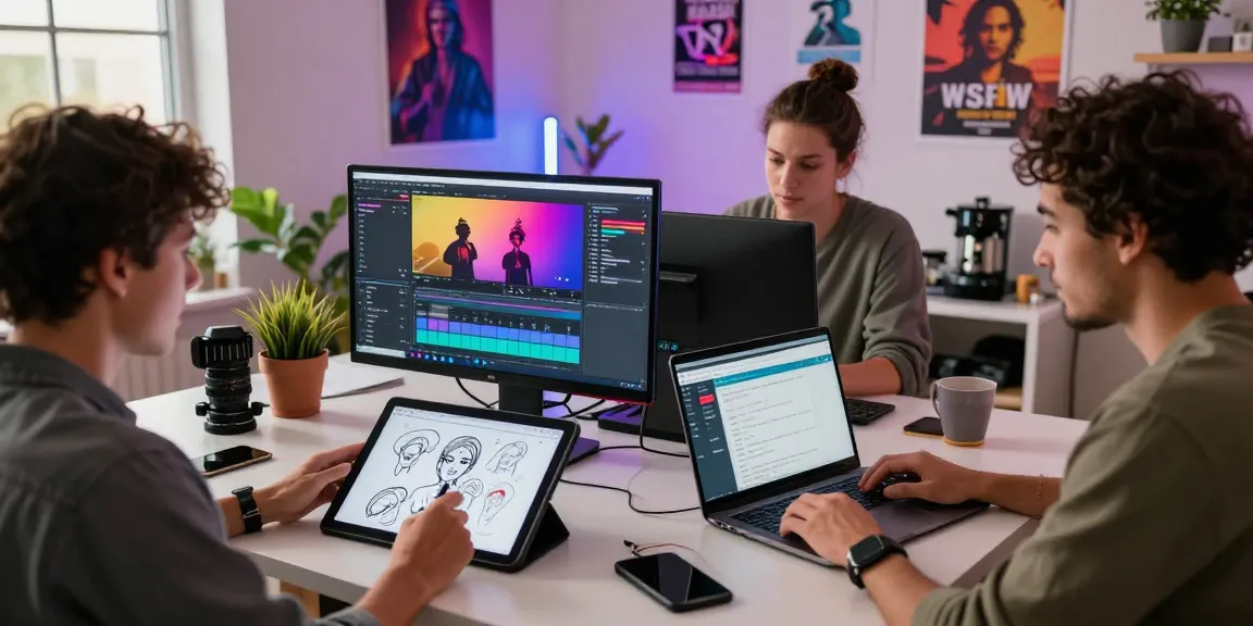 NSFW creative team collaborating on vibrant content creation in a bright studio