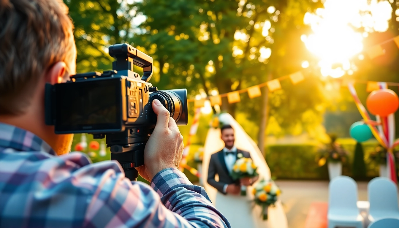 Edmonton videographer capturing a beautiful wedding scene in a vibrant outdoor setting.