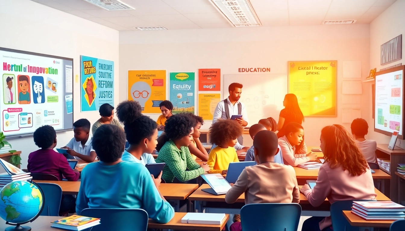 Dynamic classroom showcasing innovative education practices with diverse students learning collaboratively.