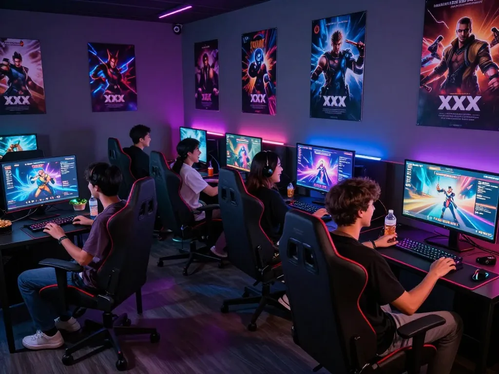 Group enjoying interactive xxx game in vibrant gaming lounge setting.