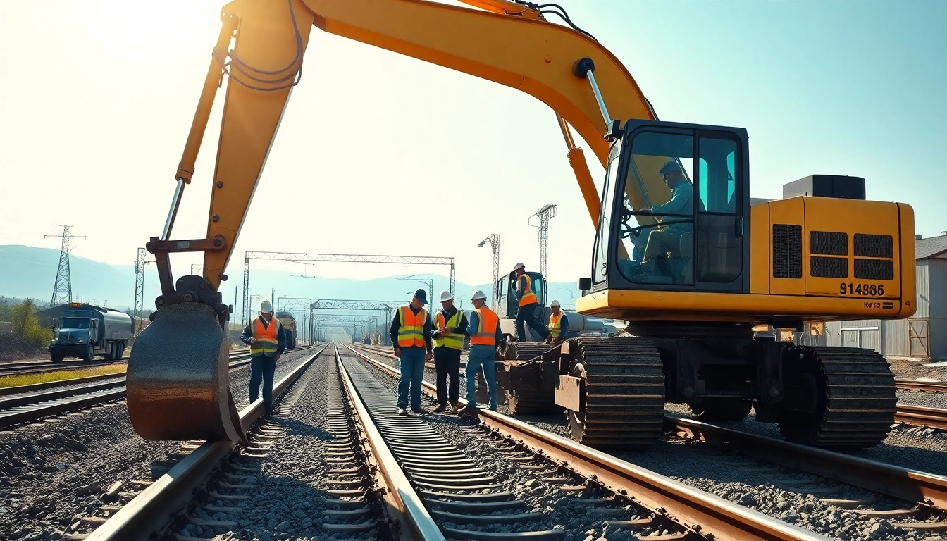 Dedicated railroad contractors near me working on tracks in a construction scene.