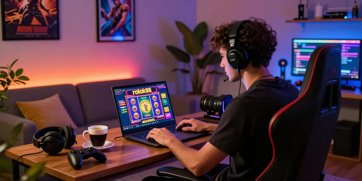 Gamer logged into rokok88 slot login, focused on vibrant gaming interface in cozy living room.