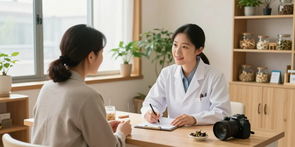 Consultation at 영통한의원 with attentive practitioner and patient in a welcoming health clinic