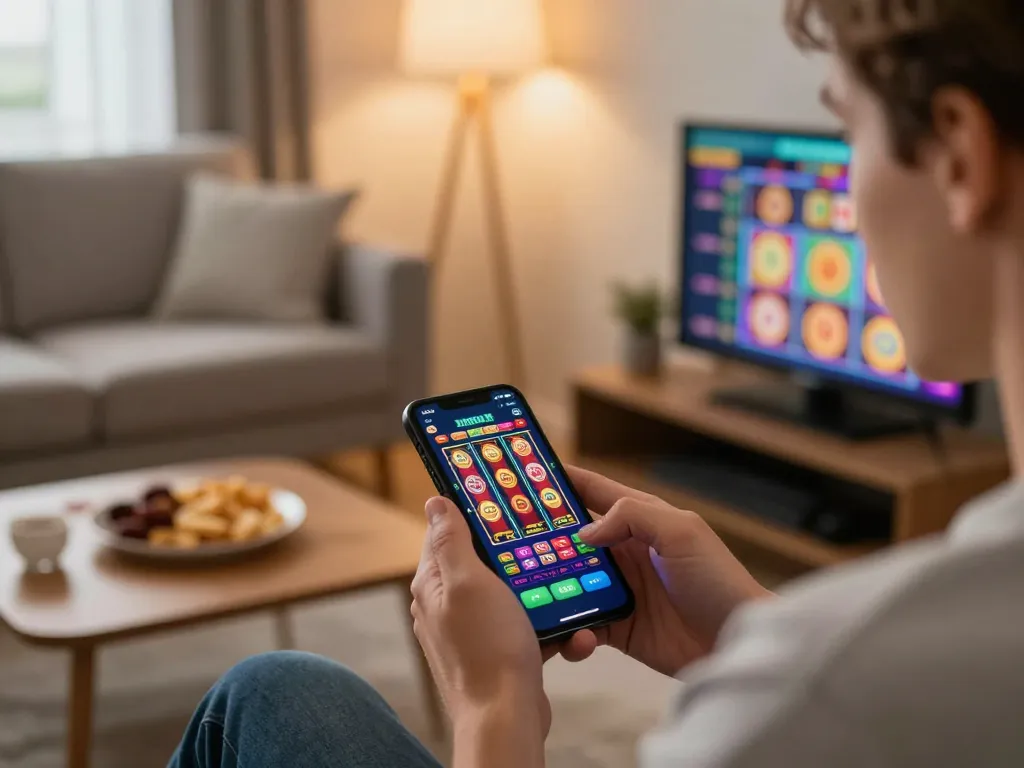 Engaging online gaming session with 8k8.fan app on smartphone, showcasing vibrant slots.