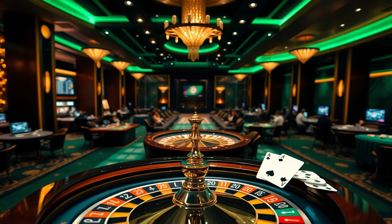 Exciting gaming scene at gg88 biz with roulette and poker chips illuminating a modern online casino atmosphere.