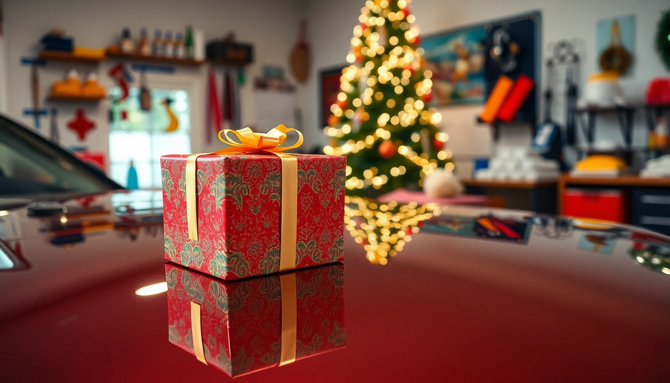 Celebrate the joy of Christmas car detailing gift with a beautifully wrapped box on a shiny car hood.