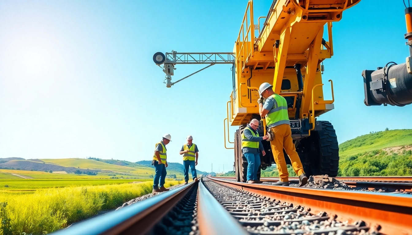 Great plains rail contractors team collaborating on railway work outdoors with heavy equipment.