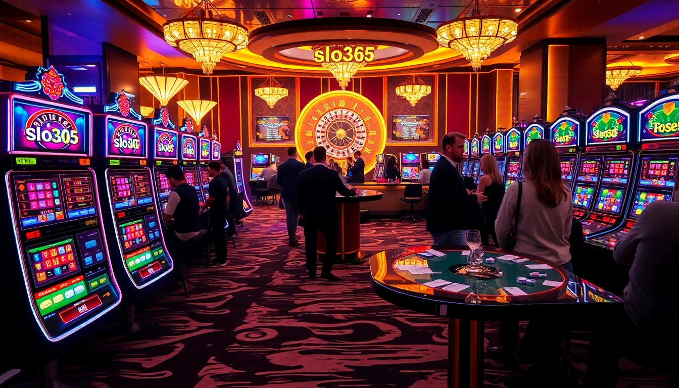 Exciting gameplay at slo365 slot machines with colorful lights and eager players.