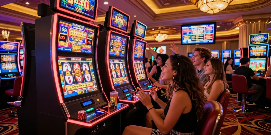 Friends enjoying a thrilling slot bonus experience in a vibrant casino.