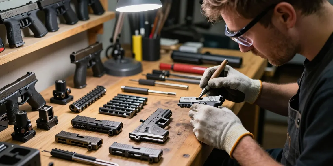 Expert gunsmith working on Glock slides at https://precisionglockslides.com showing precision tools and components.