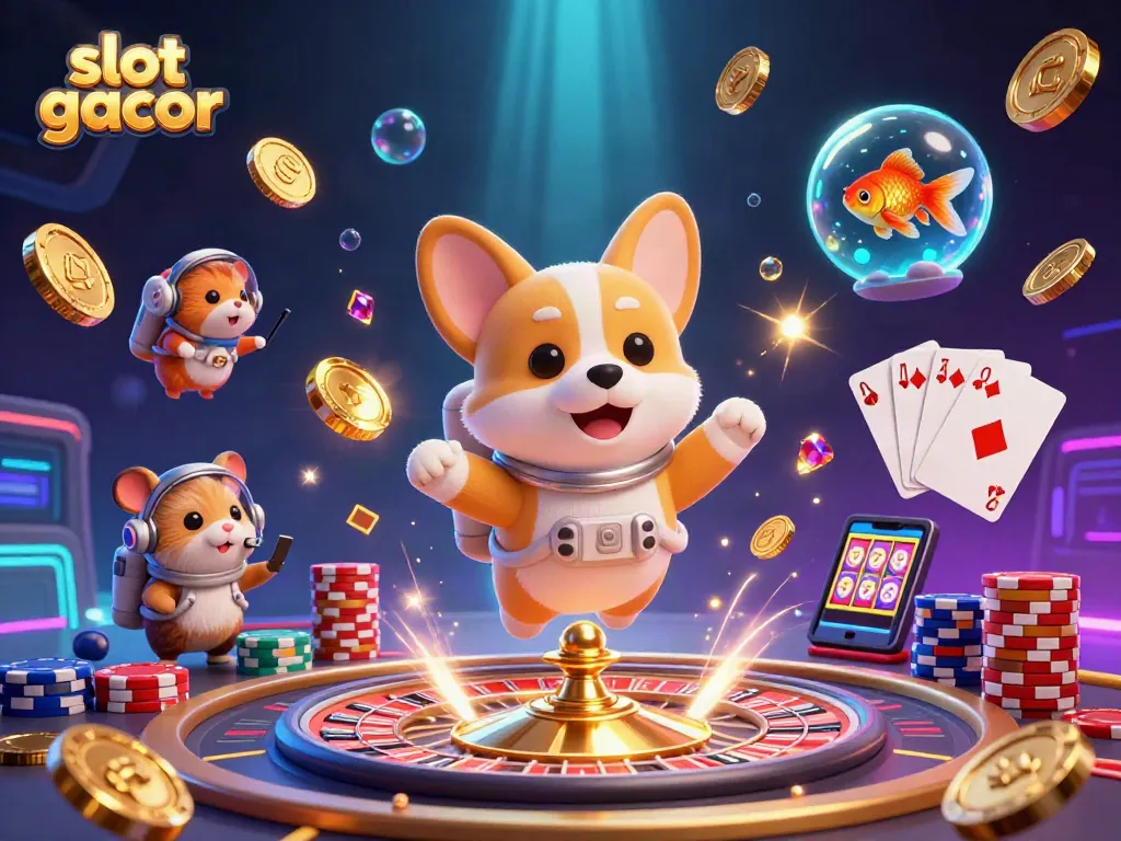 Experience the thrill of slot gacor in this dynamic scene with floating characters and casino elements.