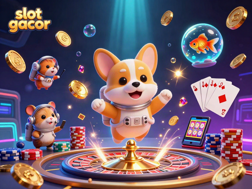 Experience the thrill of slot gacor in this dynamic scene with floating characters and casino elements.