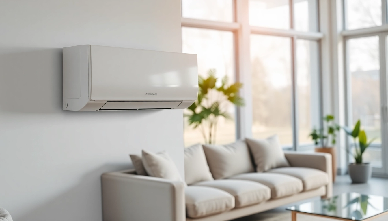 Installing a Mitsubishi mini split AC in a modern living room highlighting its sleek and stylish design.