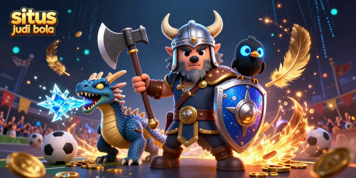 Place bets at situs judi bola with dynamic sports-themed 3D illustration featuring a warrior, dragon, and raven.