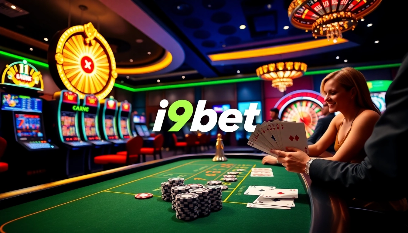 i9bet casino scene showcasing excitement at poker and slot machines with vibrant decorations.