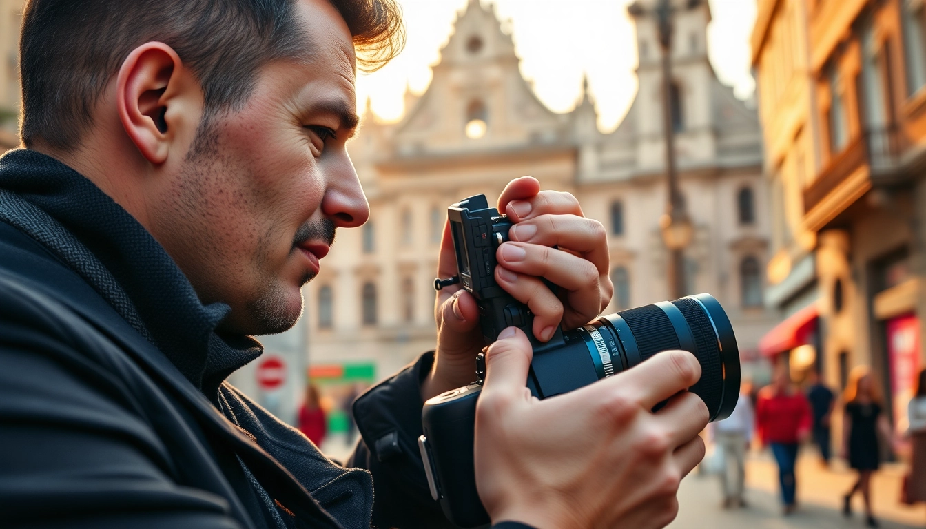 Fotografo Milano mentre cattura la bellezza urbana di Milano con una macchina fotografica vintage