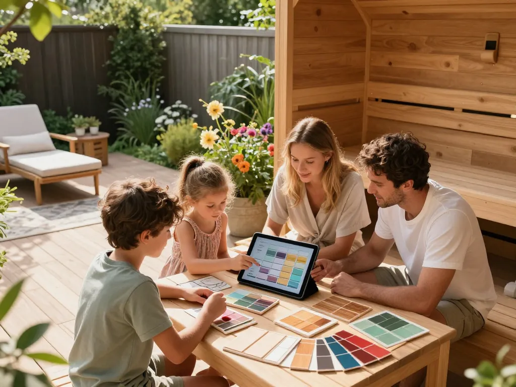 Sauna customization in a sunlit backyard, family designing their personalized sauna experience.