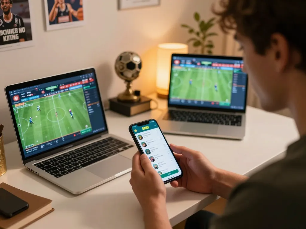 Player engaging with HB88 betting app on smartphone while analyzing game statistics at home.