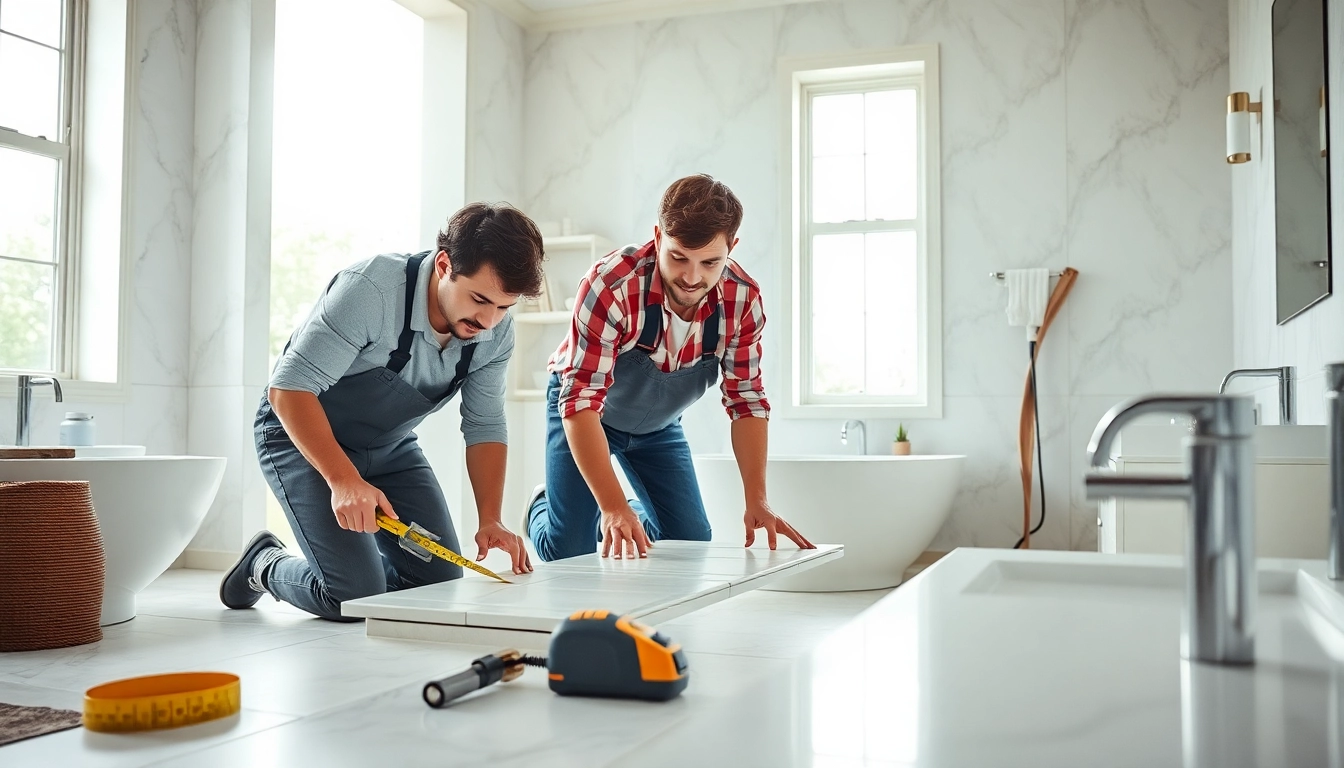Bathroom renovation contractors near me expertly fitting tiles in a bright, modern bathroom.