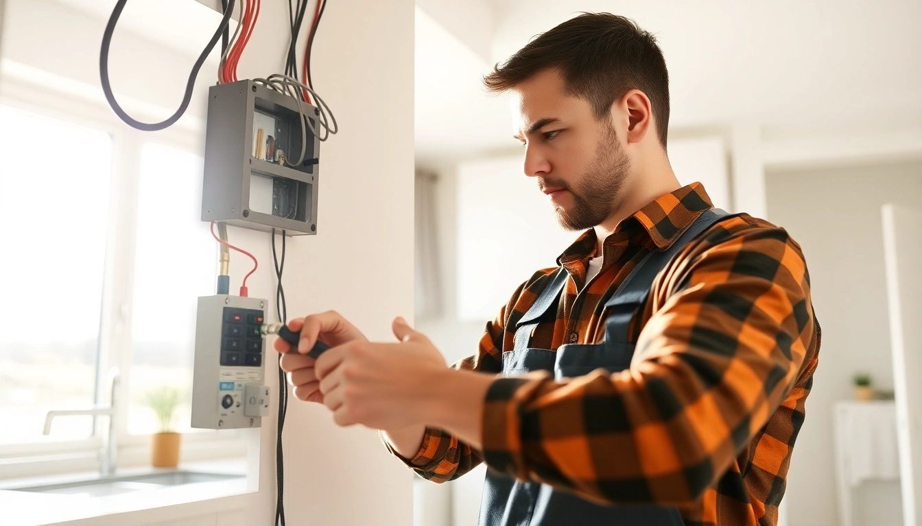 Providing hands-on edmonton electrical services, an electrician assesses wiring in a modern kitchen.