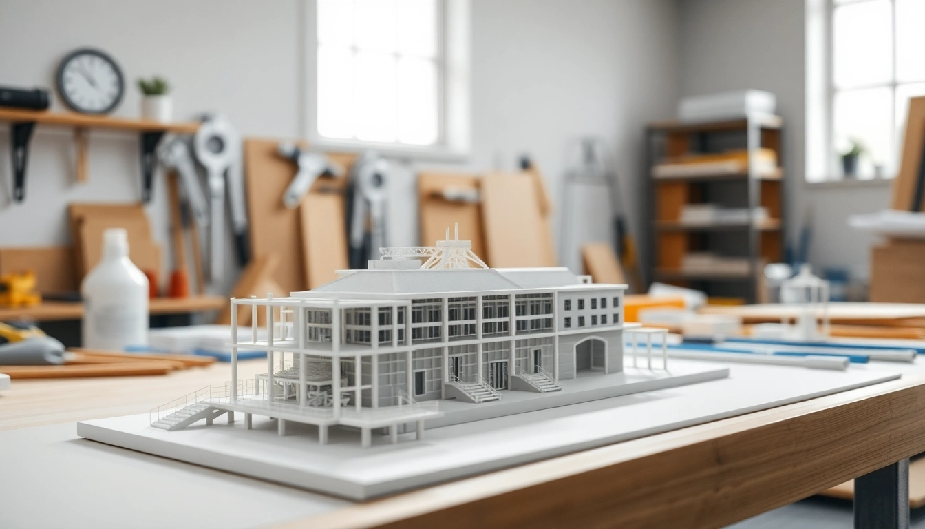 Industriemodellbau mit präzisen architektonischen Modellen auf einem sauberen Tisch.